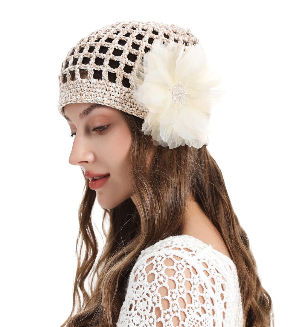 2129 Crochet Beanie Hat Summer Handmade Knit Decorated Lightweight Skull